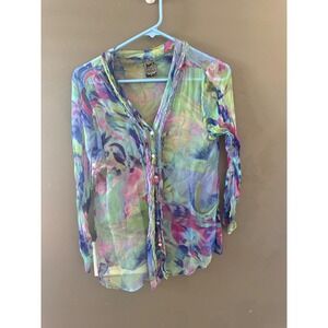 Casual Studio Womens Small Sheer Watercolor Abstract Print Button Up Blouse Blue